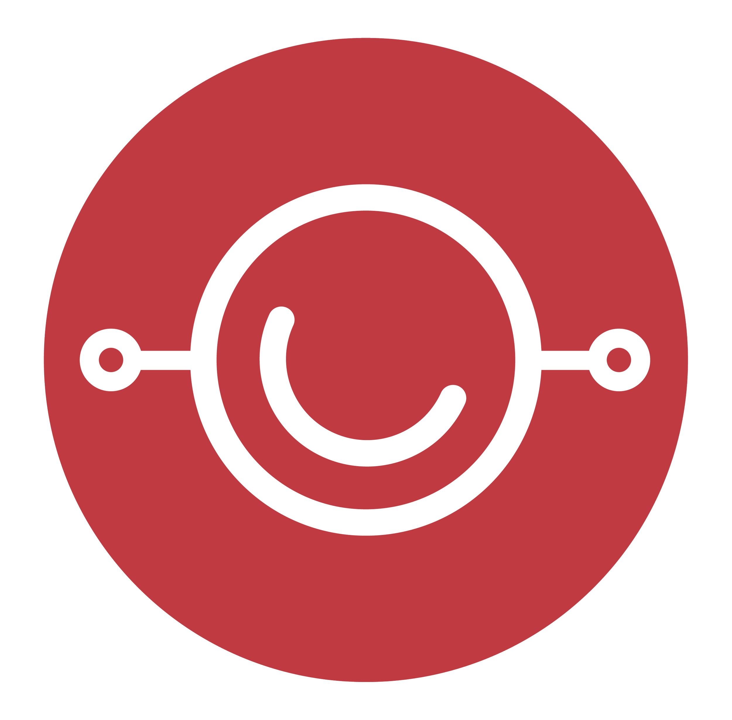 Icon with a white circular line and two small circles connected with lines inside a red circle background.