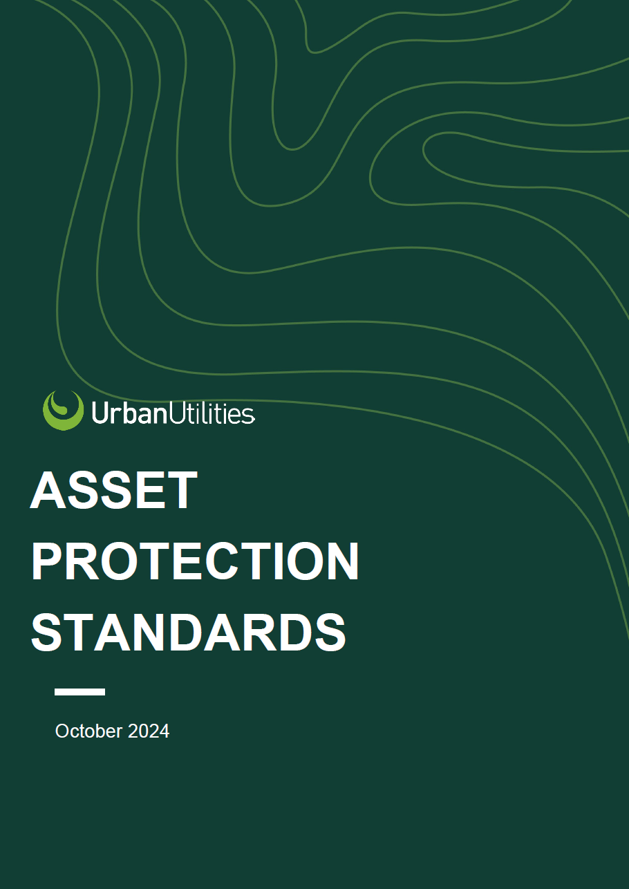 Cover page of a document titled 'Asset Protection Standards' by Urban Utilities, dated October 2024, with a dark green background and contour lines.