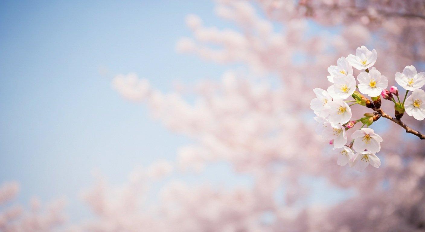 Close-up of white cherry blossom flowers on a branch against a soft-focus pastel sky background.