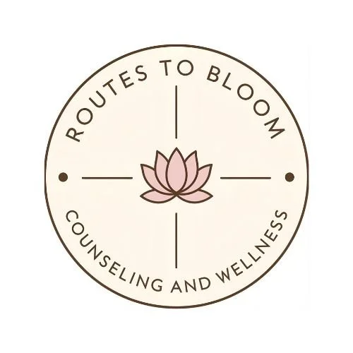 Logo with a lotus flower in the center surrounded by the text 'Routes to Bloom Counseling and Wellness' in a circular design.