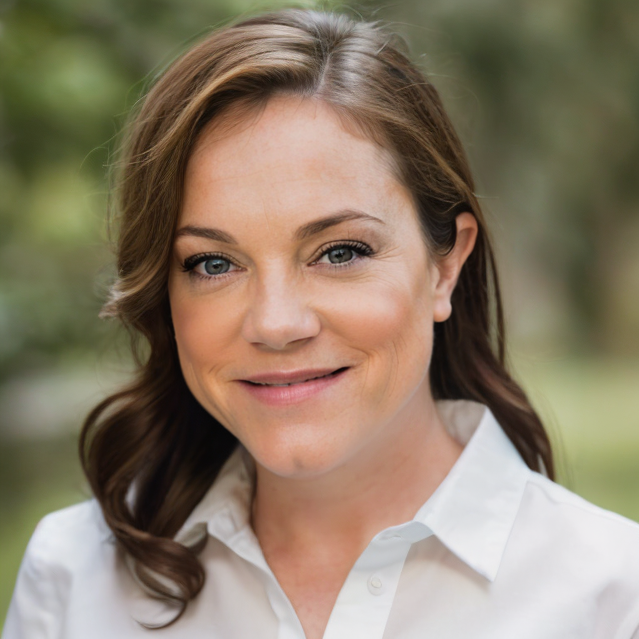 Close-up of a smiling woman with light brown hair and blue eyes, wearing a white shirt, outdoors with a blurred green background.