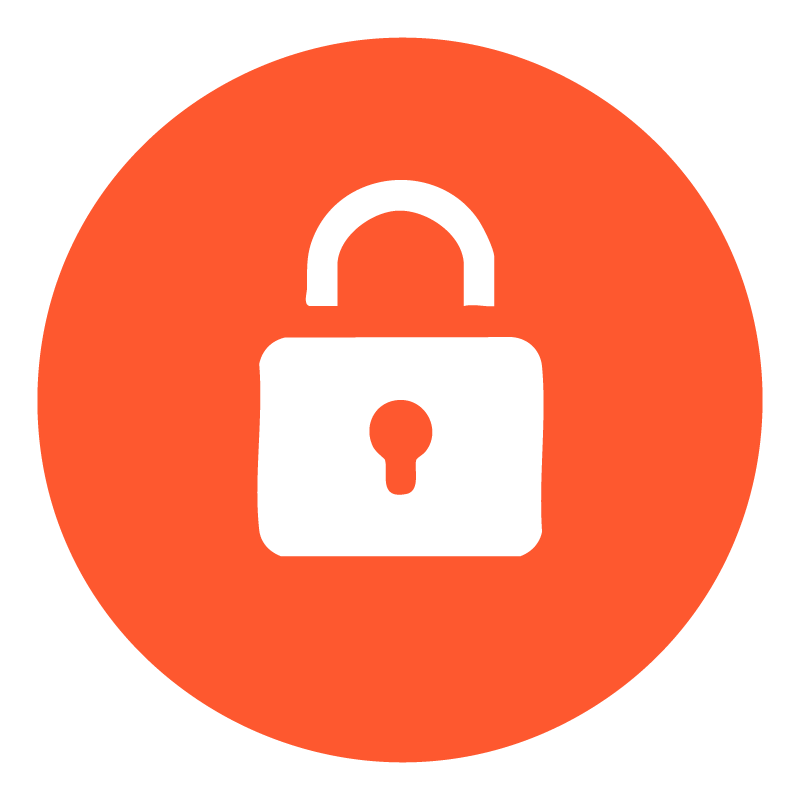 Red circular icon with a black open padlock symbol in the center.