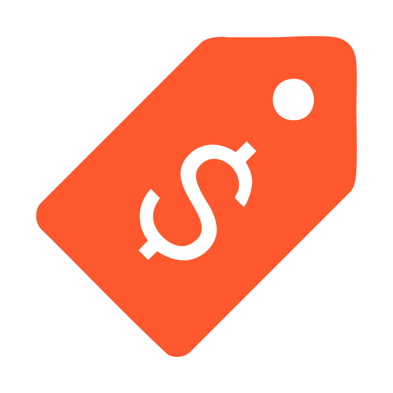 An orange price tag with a dollar sign printed on it.