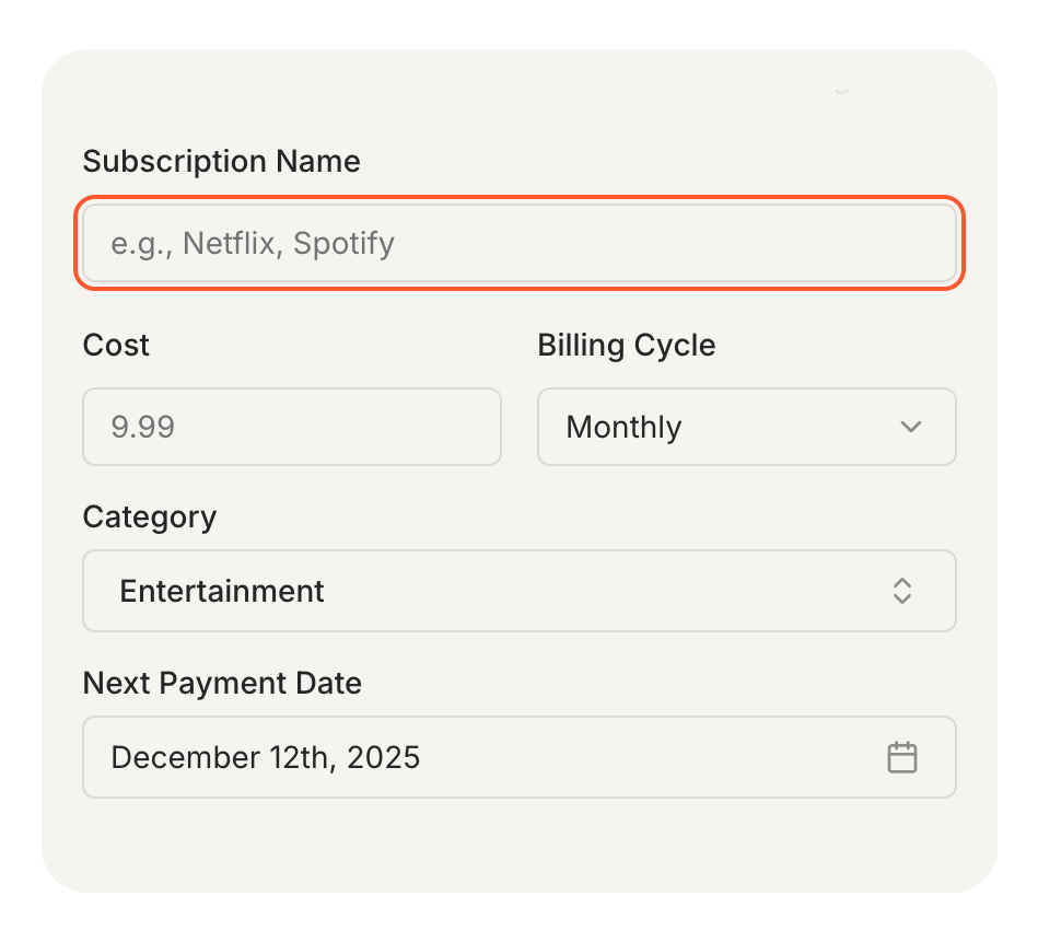 Screenshot of a subscription management form with fields for subscription name, cost, billing cycle, category, and next payment date.