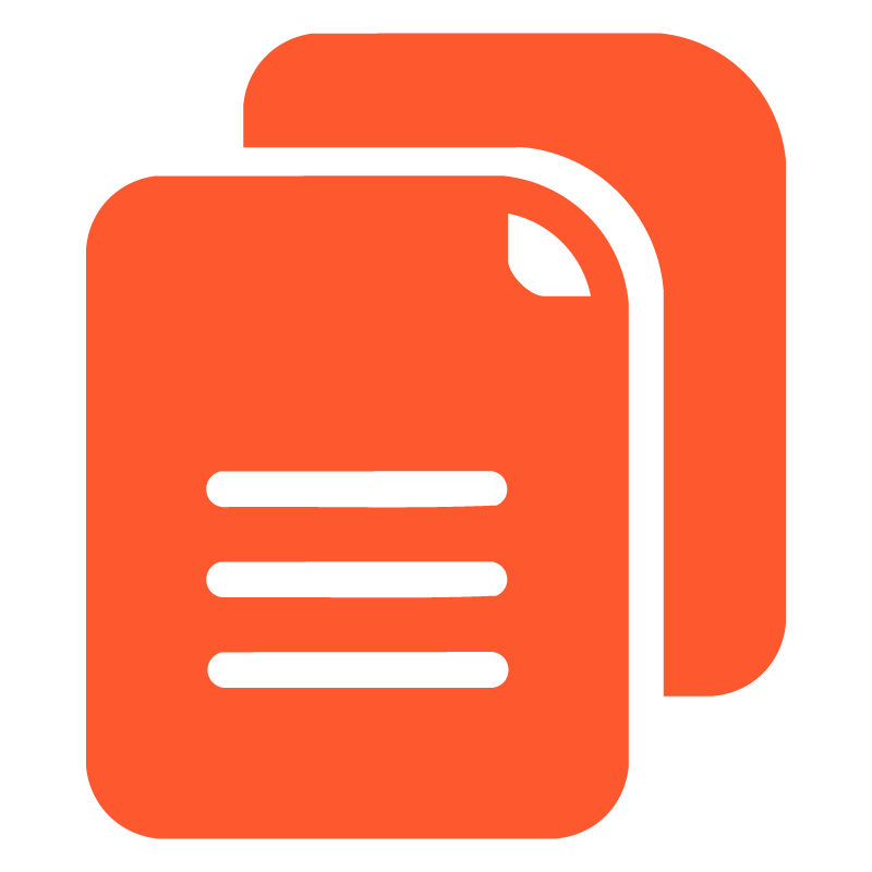 Icon of two orange documents with black lines representing text, one slightly in front of the other.