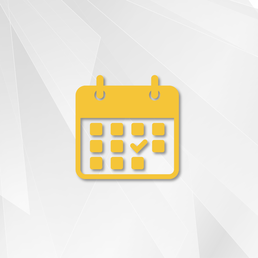Yellow calendar icon with a checkmark on one of the dates, set against a light gray geometric background.