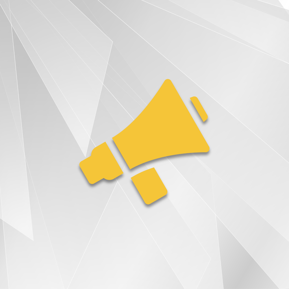 A yellow megaphone icon on a light gray geometric background.