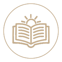 Open book with a rising sun above it, inside a circular border