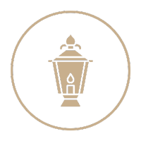 A vintage-style streetlamp illustration inside a circular border on a black background.
