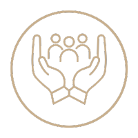 Outline of two hands holding a group of five people inside a circle