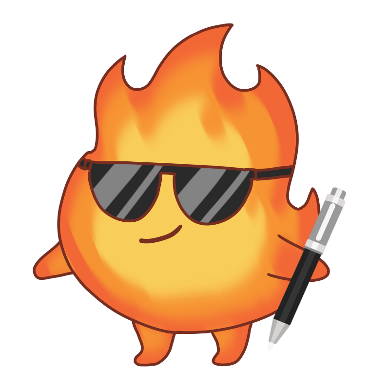 A cartoon fire character wearing sunglasses, holding a pen, and smiling.