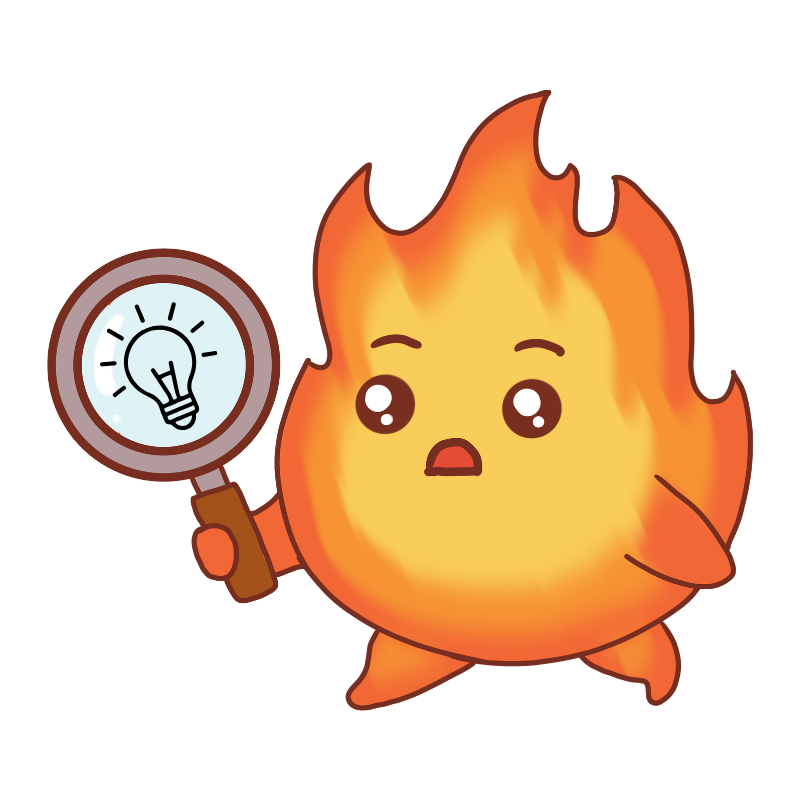 Cute cartoon fire character holding a magnifying glass with a light bulb symbol.