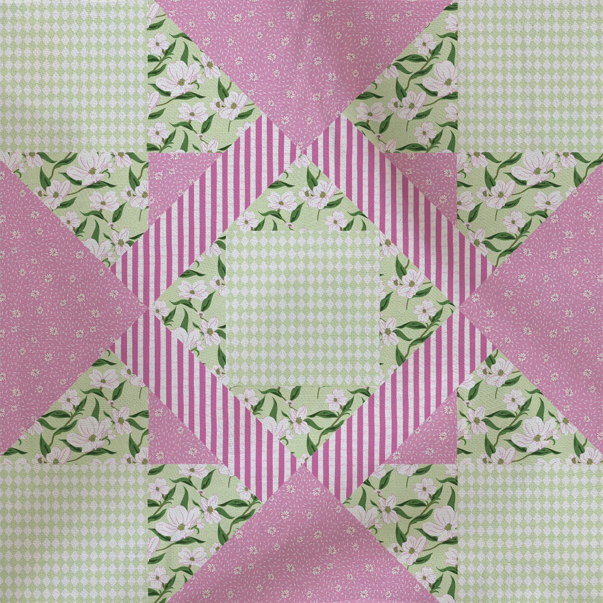 Patchwork quilt block made from coordinating pink and green floral, stripe, geometric, and blender fabrics from the Lawn League collection.