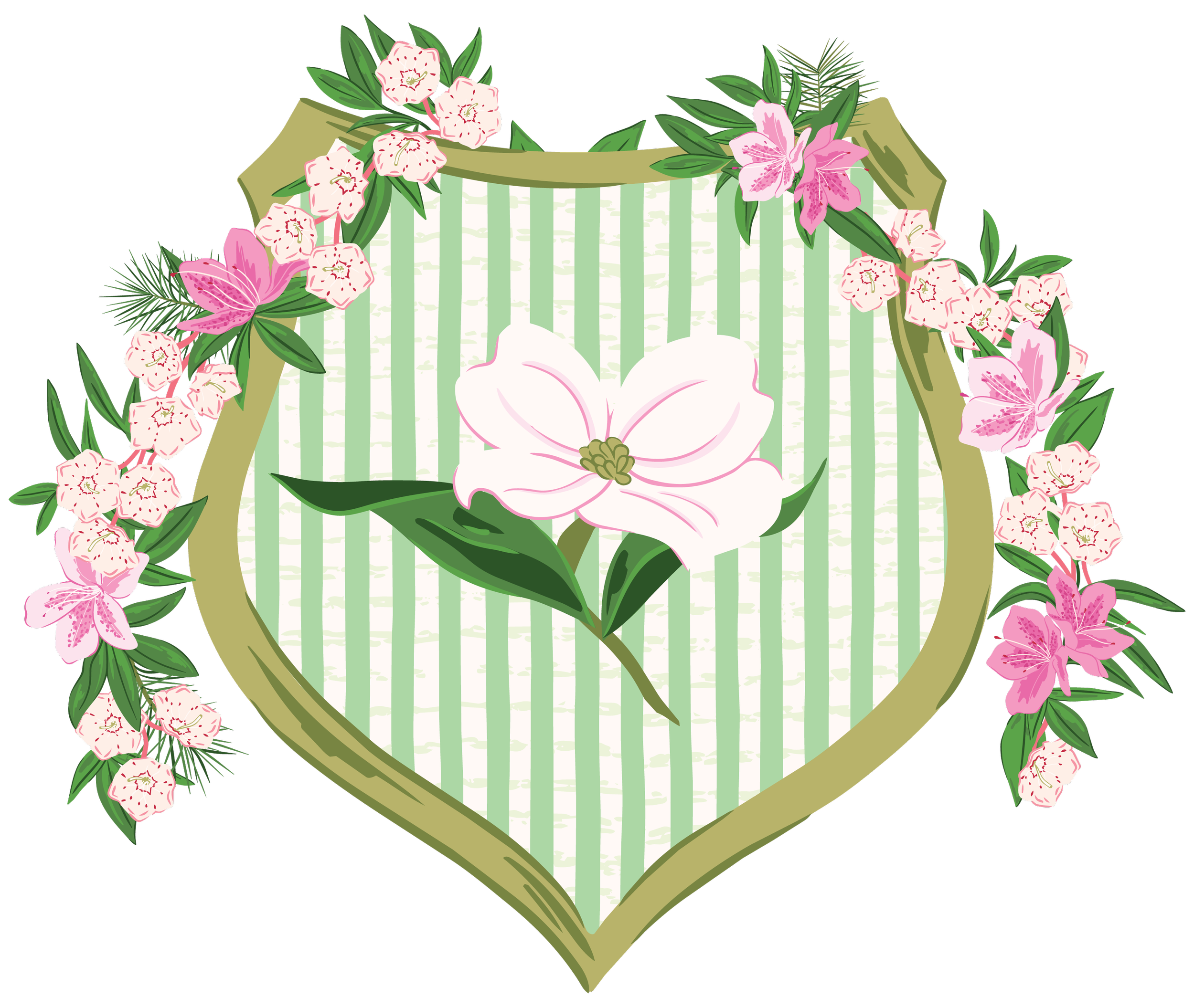 Decorative floral crest illustration featuring a dogwood blossom, striped shield, azalea blooms, mountain laurel blossoms, and pine branches from the Lawn League collection.