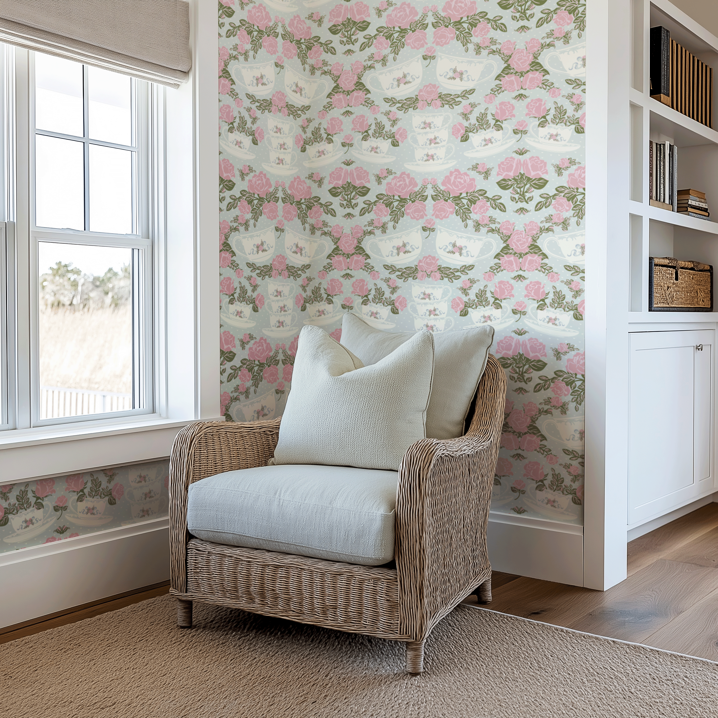 Surface pattern design featuring vintage teacups and blooming roses, inspired by classic garden tea time, displayed on wallpaper.