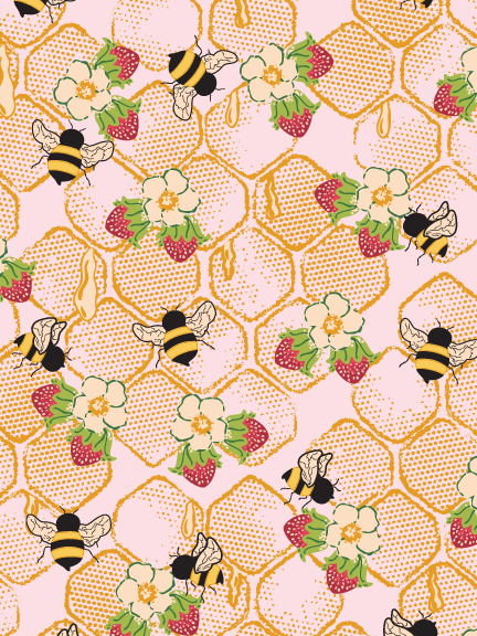 Sweet Work - A honeycomb surface pattern with bees and blossoms, finished with a softly worn, vintage-inspired texture.