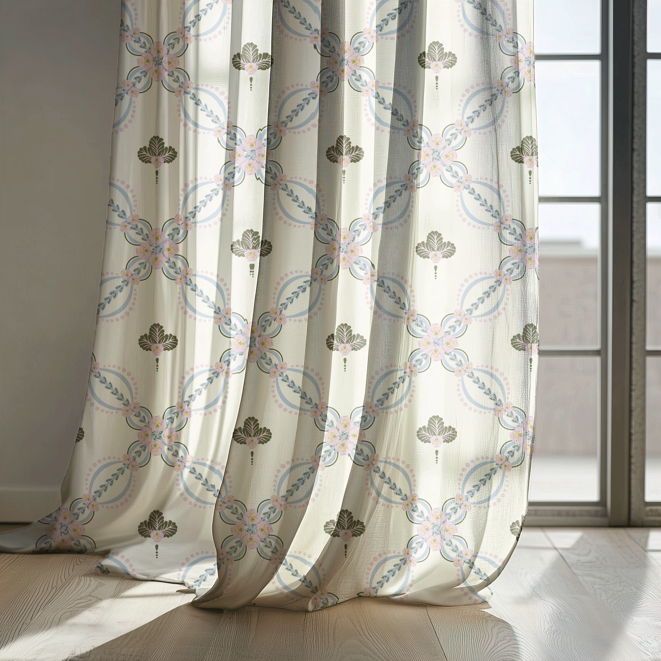 Surface pattern design featuring piped florals arranged in a decorative lattice, inspired by ornate tea-party sweets, displayed on curtains.