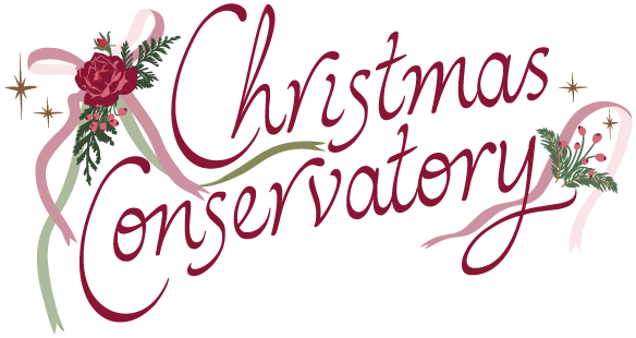 Christmas Conservatory collection logo featuring elegant burgundy script accented with pink ribbons, winter roses, evergreen sprigs, berries, and small gold stars.