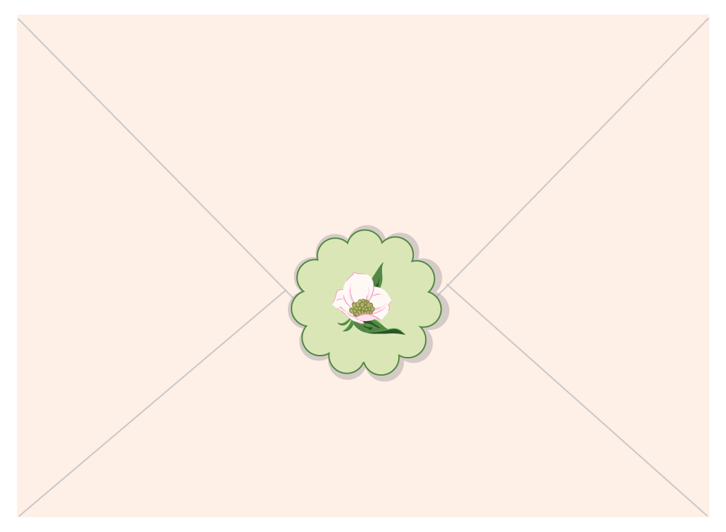 Closed envelope with a scalloped green envelope seal featuring a small dogwood blossom illustration at the center.