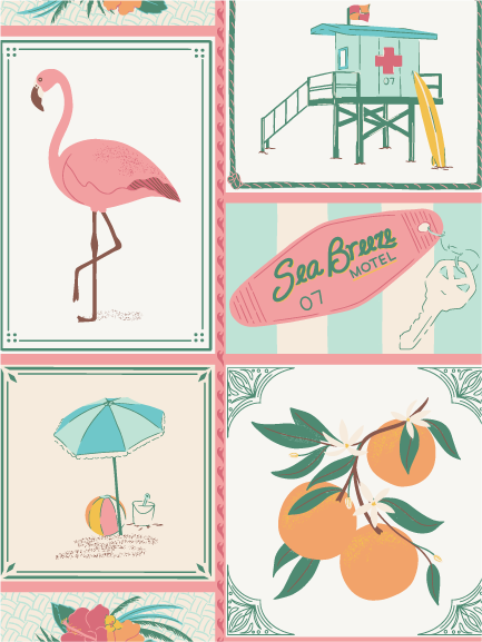 Summer, Saved - A collage-style surface pattern featuring seaside keepsakes, citrus, and vintage beach ephemera, inspired by nostalgic summer vacations along the Florida coast.
