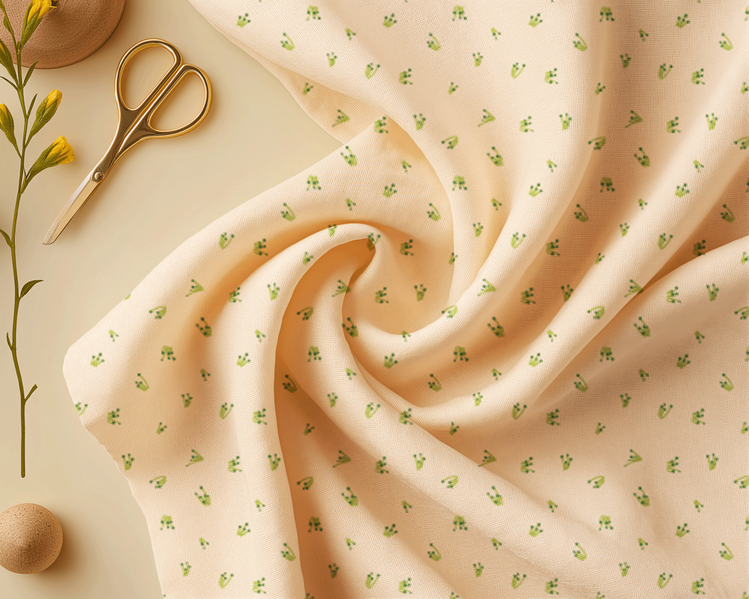 Small-scale botanical surface pattern inspired by early growth and budding floral forms, shown as cotton fabric yardage..