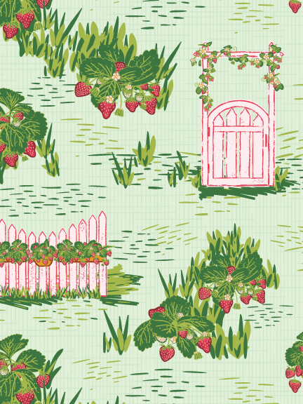 Orchard Perimeter - A garden-inspired surface pattern featuring strawberries and greenery growing along fences and backyard paths.