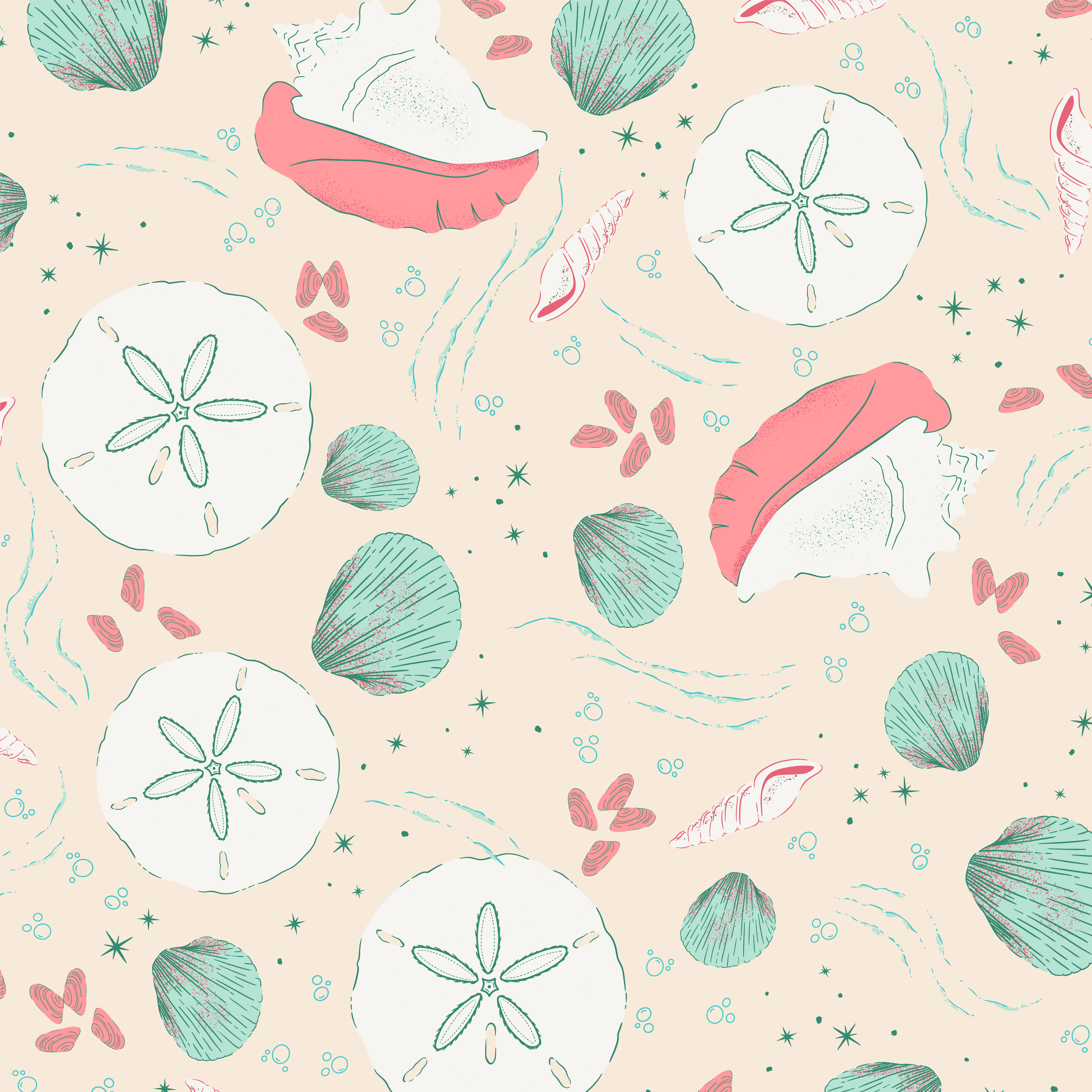 Flat repeat display of Low Tide Treasure pattern featuring a soft sandy background with conch shells, sand dollars, cocquina shells and tide ripples.
