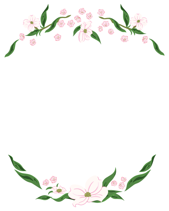 Circular floral border illustration featuring dogwood blossoms, mountain laurel blooms, and green foliage arranged in a wreath-like composition designed for plates, tabletop décor, and decorative applications.