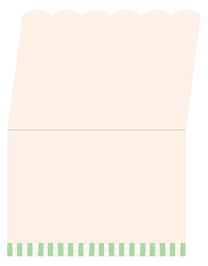 Open folded note card with a scalloped top edge and green striped border detail along the bottom interior panel.