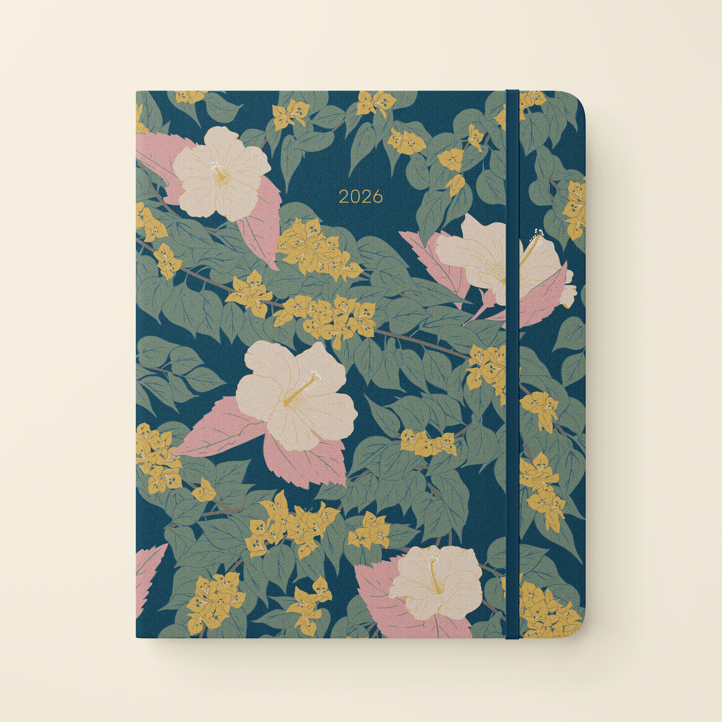 Engineered journal cover using hibiscus and bougainvillea floral motifs in a deep teal, sage, cream, and pink palette with a 2026 date.