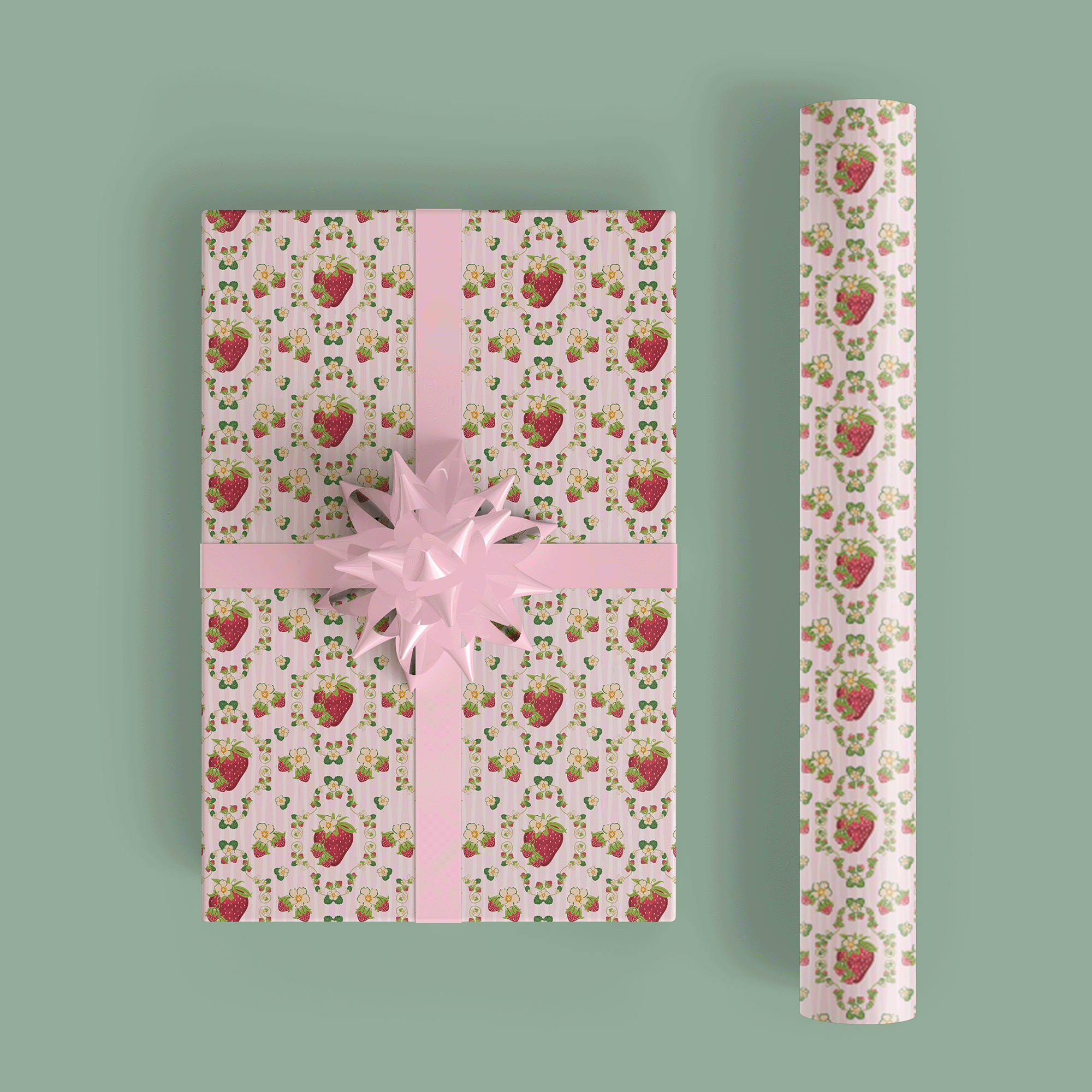 Striped strawberry surface pattern inspired by vintage wallpaper and classic kitchen textiles, shown as gift wrapping paper..