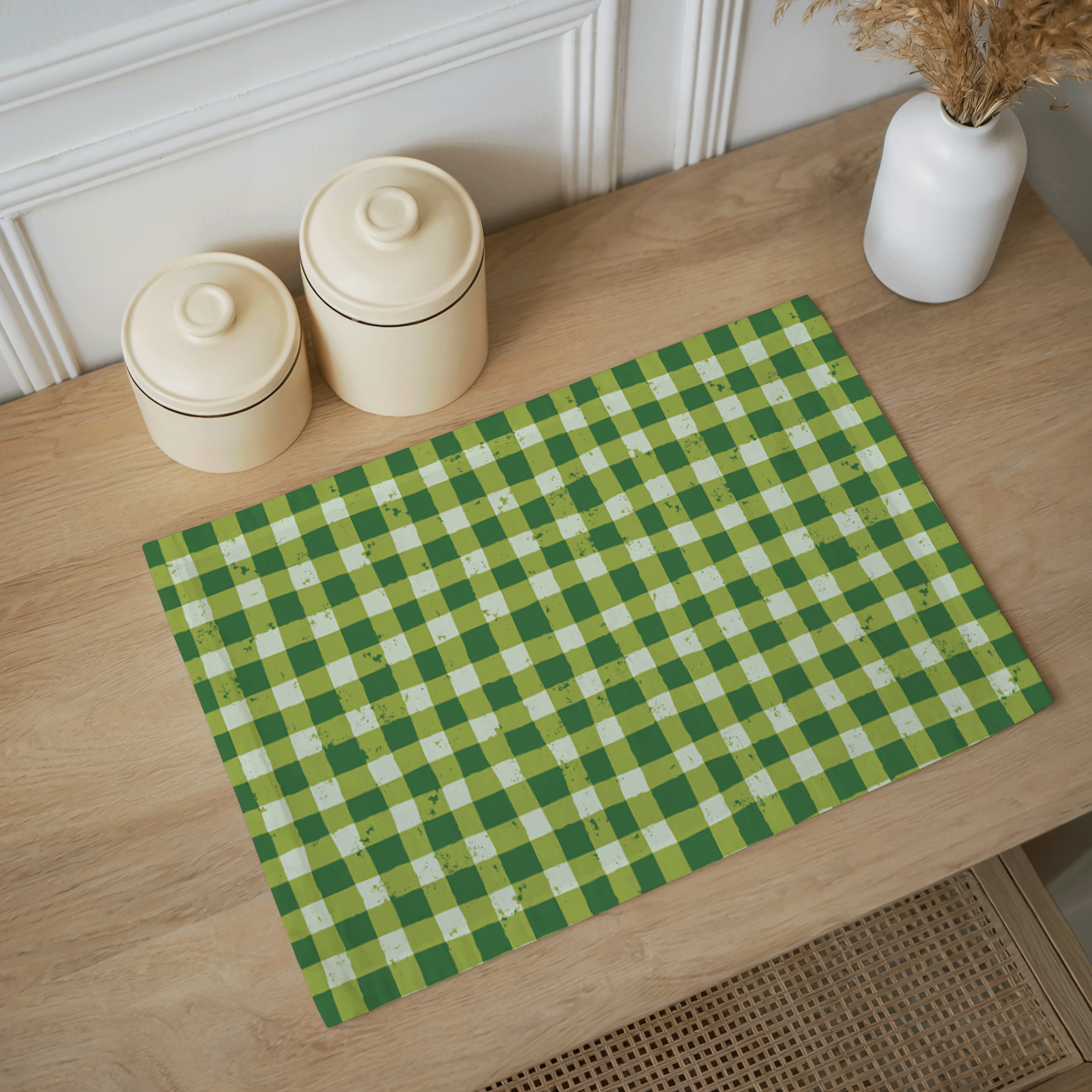 Textured gingham surface pattern inspired by garden soil, earth tones, and well-worn outdoor spaces, shown as dining placemat.