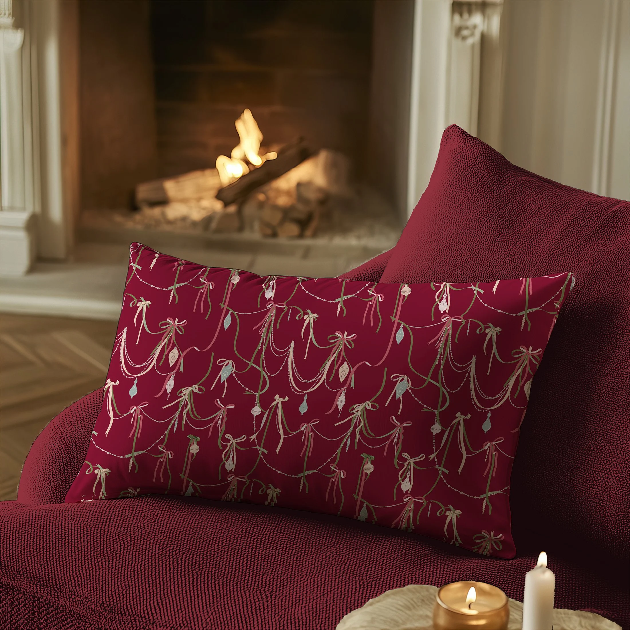 Decorative lumbar pillow featuring draped velvet ribbons, glass ornaments, and delicate bead garlands on a rich cranberry background, styled in front of a glowing fireplace.