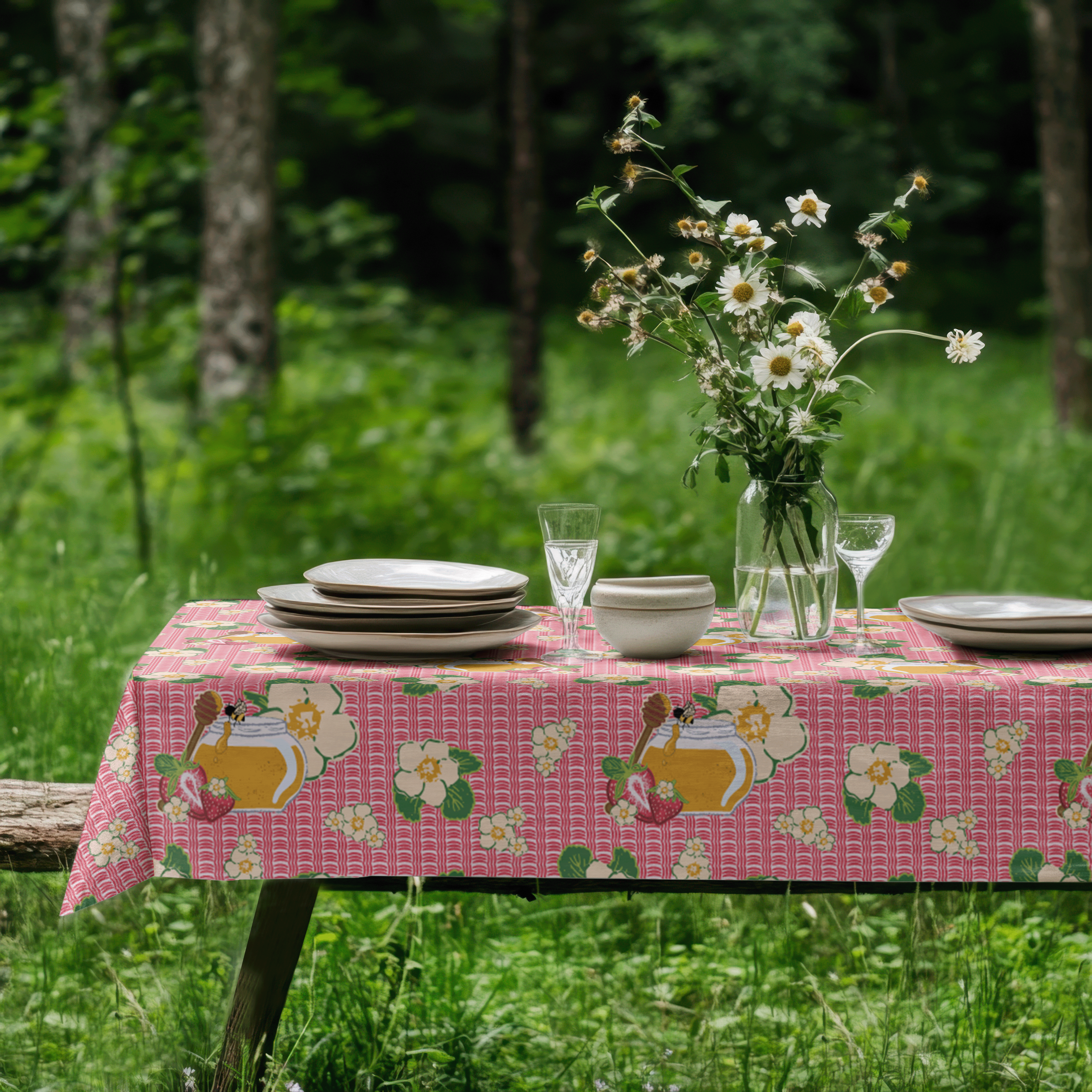 Summer-inspired surface pattern design featuring honey jars, ripe strawberries, and floral elements, shown as dining table cloth.