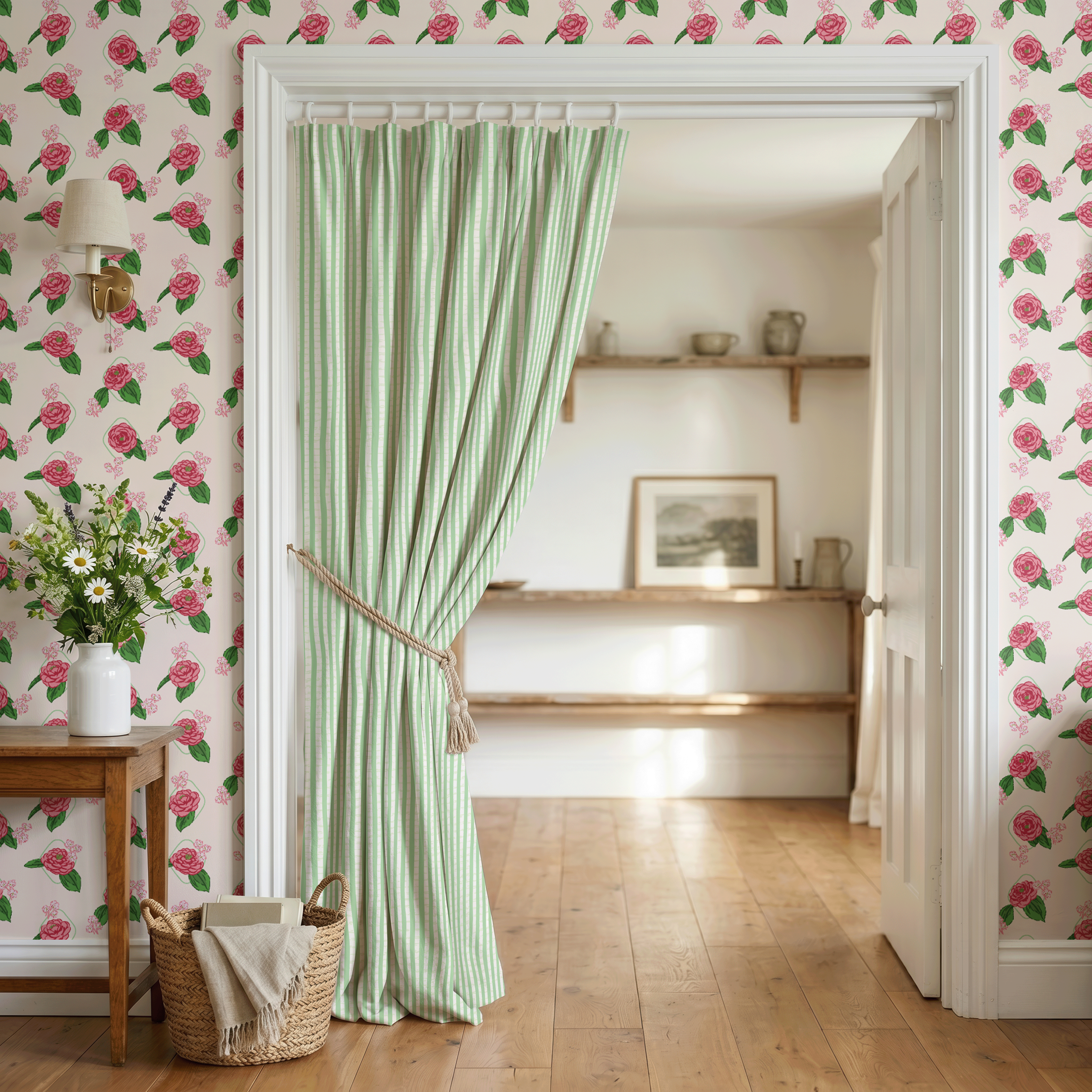 Prize Camellia floral wallpaper paired with striped curtains in a traditional Southern-inspired interior.
