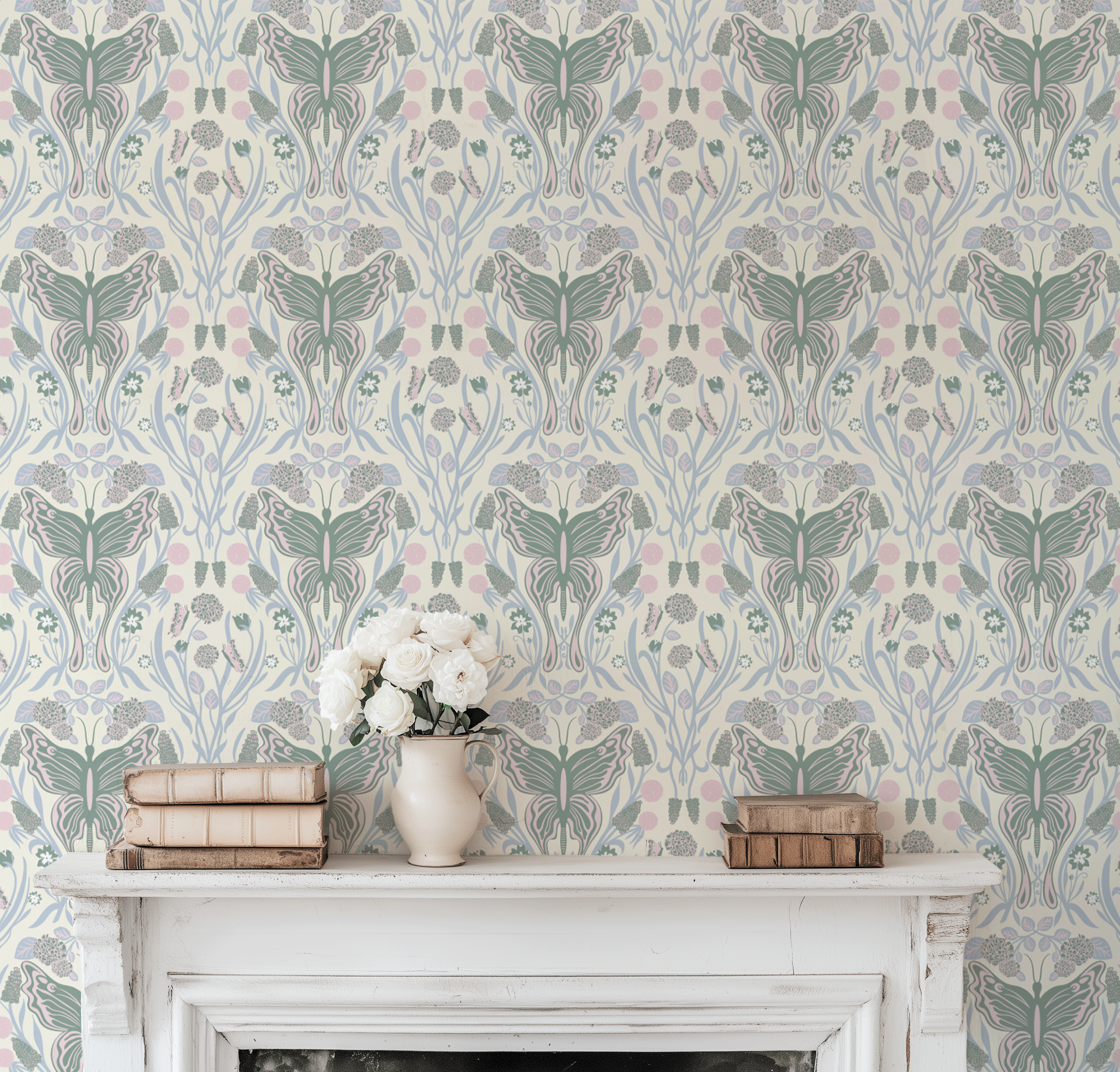 Surface pattern design featuring ruffled butterflies and layered garden florals, inspired by a spring garden in bloom, displayed on wallpaper..