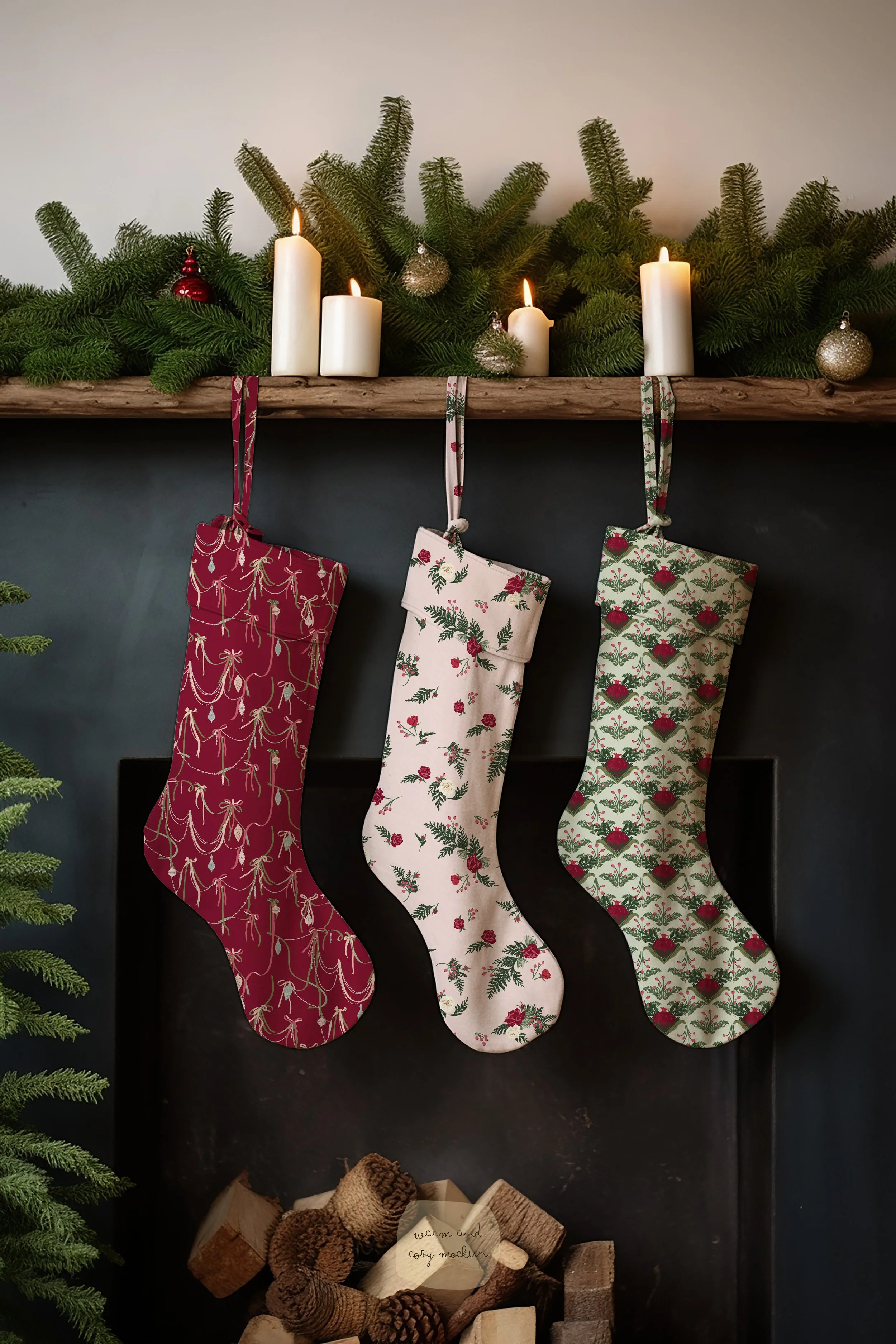 Three hanging Christmas stockings featuring coordinating holiday prints: draped ribbon garlands on cranberry, scattered winter florals on blush pink, and stylized pomegranate motifs framed by evergreen sprigs.