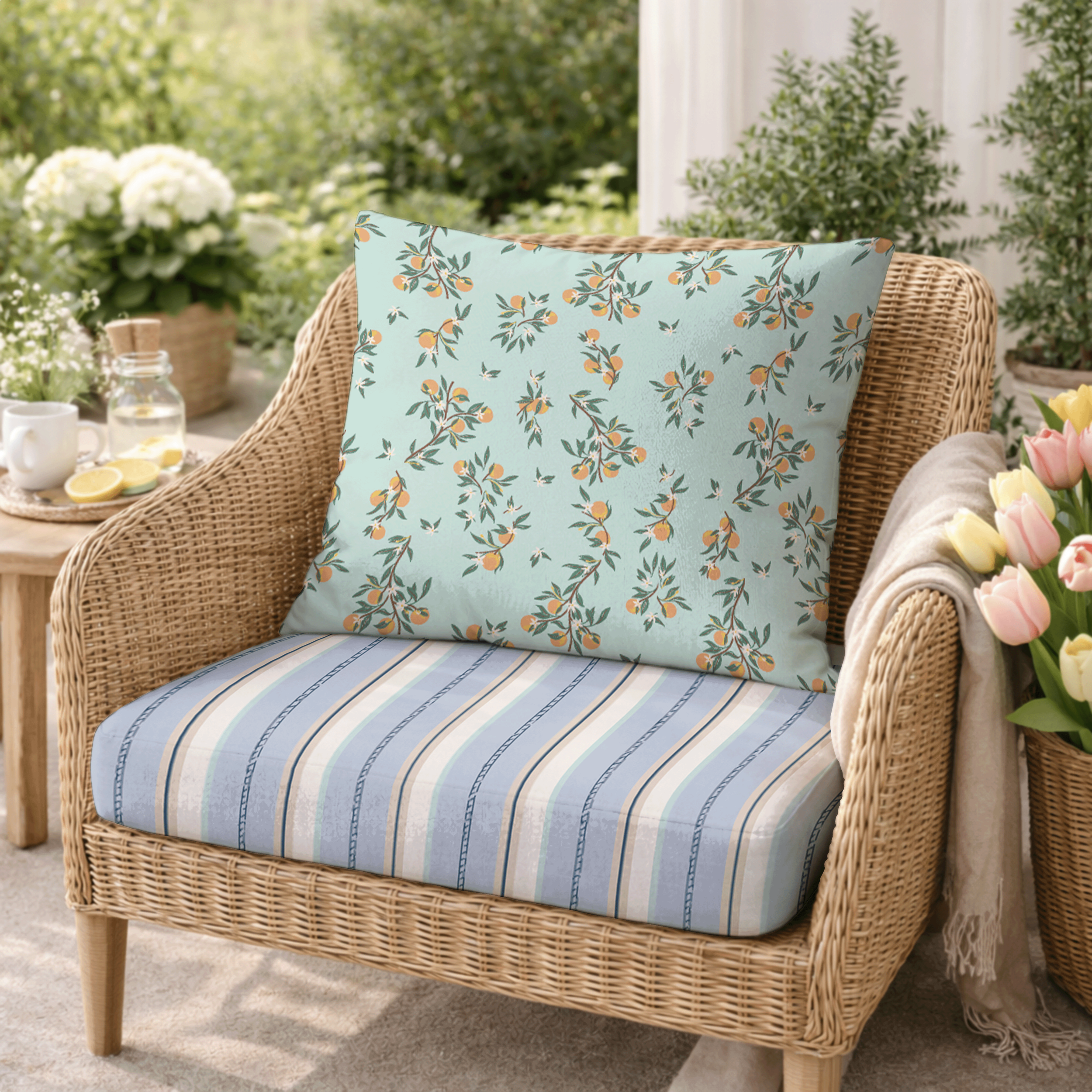Wicker patio chair with cushion and pillow upholstered in coordinating citrus branch floral and cabana stripe surface pattern designs.