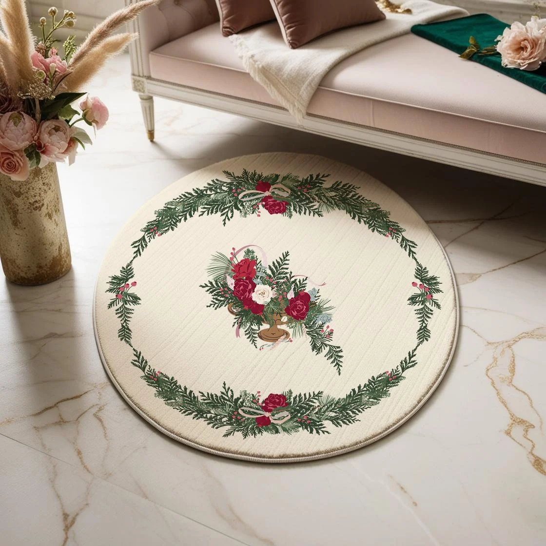Round accent rug featuring an evergreen border surrounding a winter floral arrangement with roses, evergreen branches, berries, and ribbon accents.