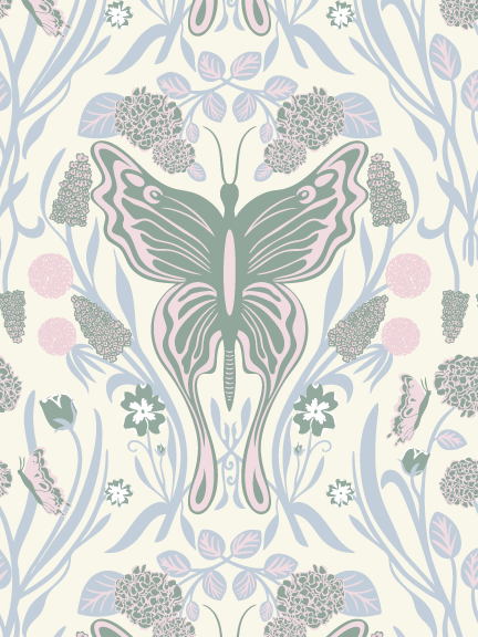 Garden Flutter - A surface pattern featuring ruffled butterflies and layered garden florals, inspired by the movement and abundance of a spring garden.