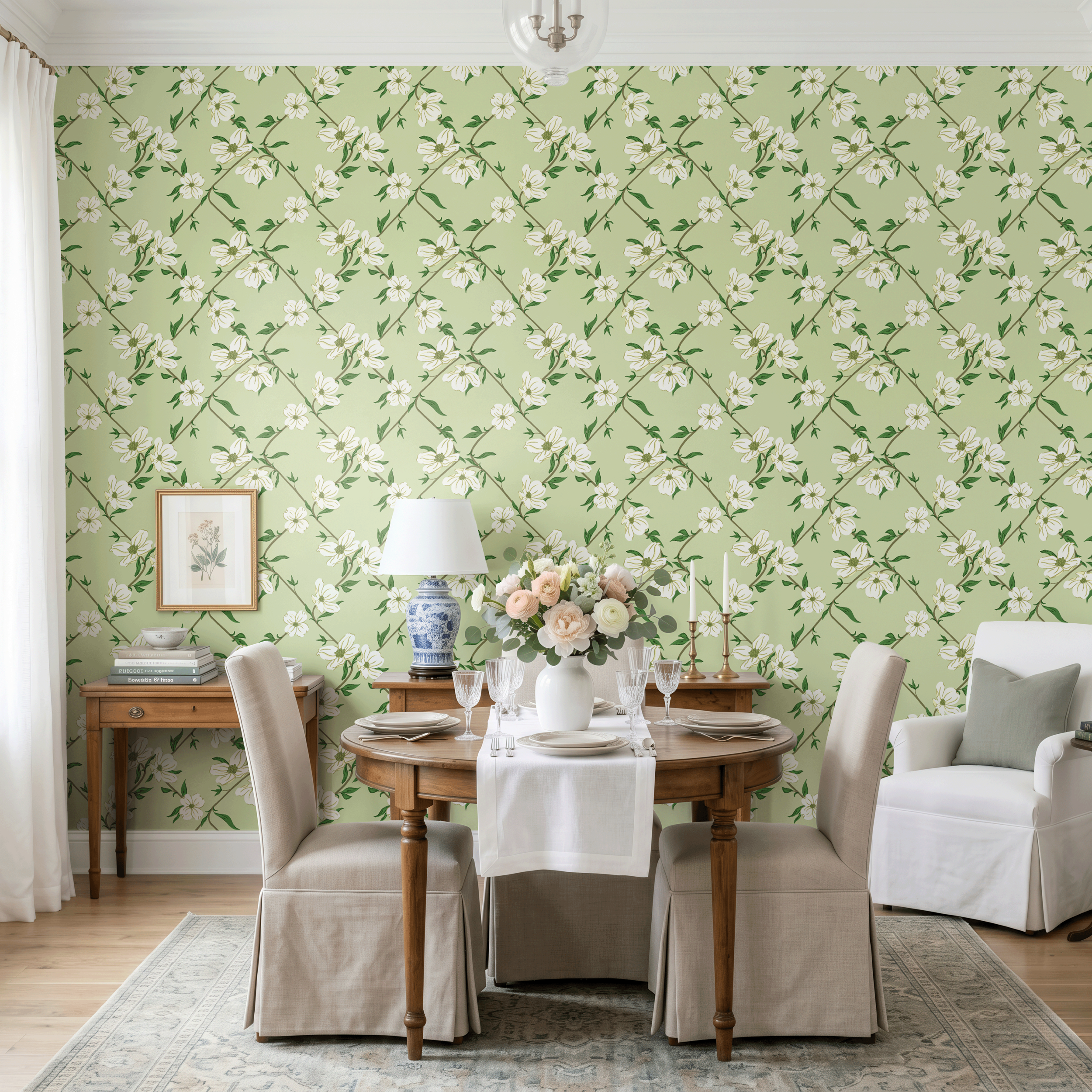 Dogwood Society floral wallpaper featuring soft white dogwood blossoms and green branches in a traditional dining room interior.