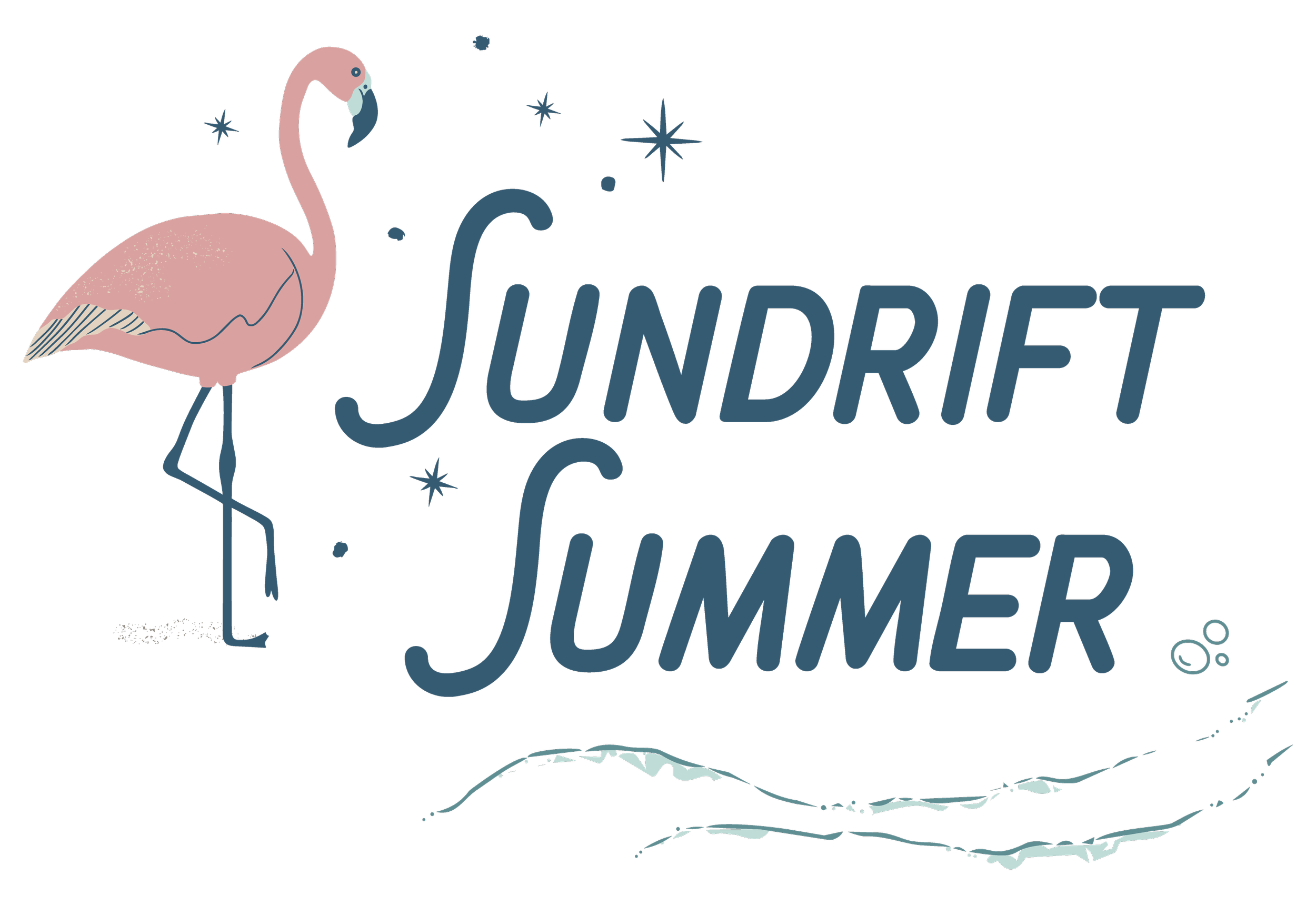 Sundrift Summer collection logo, a vintage style lettering with accompanying pink flamingo, tide ripples, and startburst sparkles.
