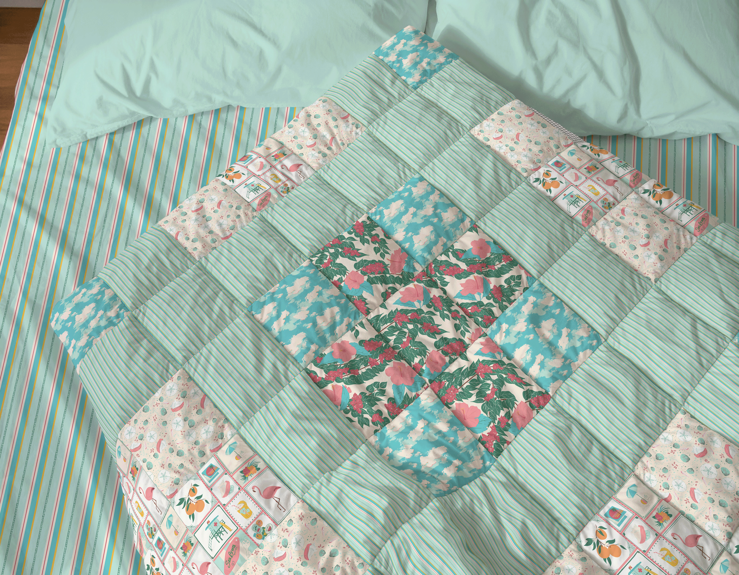 Patchwork quilt made of all the patterns in the Sundrift Summer collection.  Features Low Tide Treasure, a Coastal shell surface pattern design with sand dollars and shoreline shells, inspired by beachcombing and low tide discoveries.