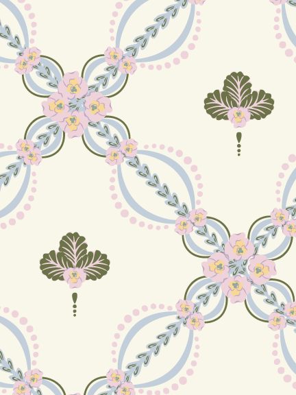 Lattice Confection - A surface pattern featuring piped florals arranged in a decorative lattice, inspired by ornate tea-party confections.