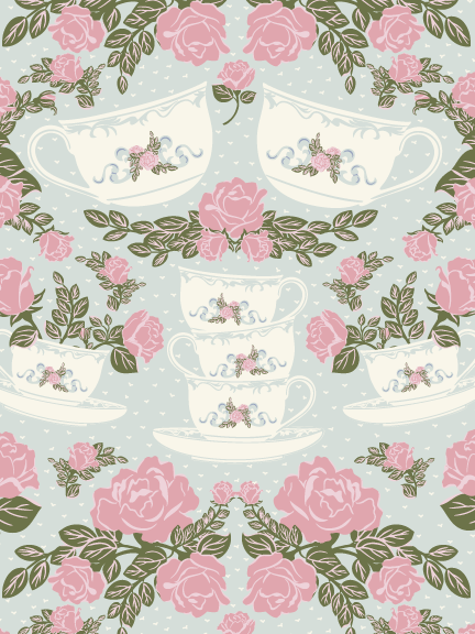 Rosebud Tea Garden - A surface pattern featuring vintage teacups and blooming roses, inspired by classic garden tea-time rituals.