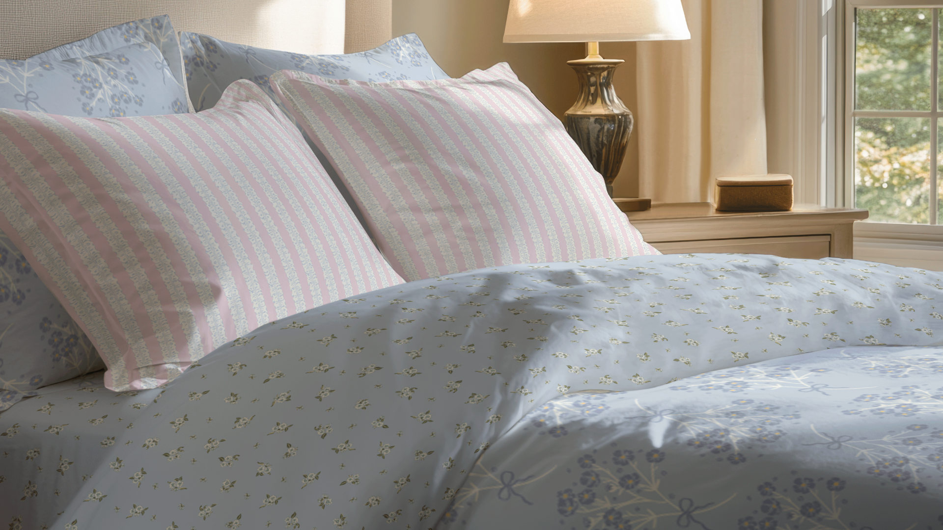 Coordinated bedding mockup featuring the Tea Garden Daydreams fabric patterns, with Ditsy Morning Blooms used for sheets, Darling Ruffles on pillow shams, and Petal Bouquet as the hero duvet design.