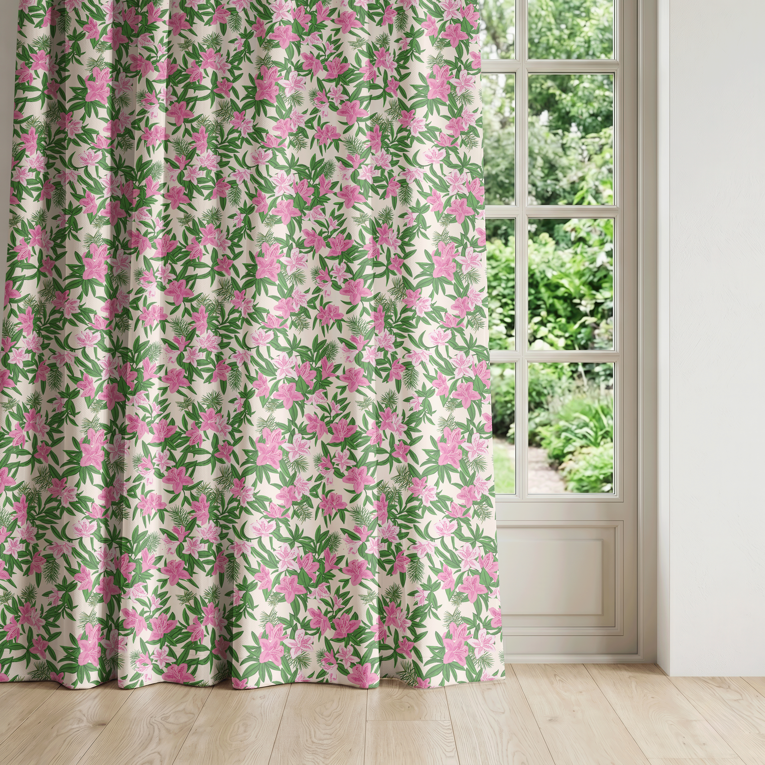 Dogwood Society floral fabric with pink azalea blooms and pine branches displayed as full-length curtains beside a garden window.