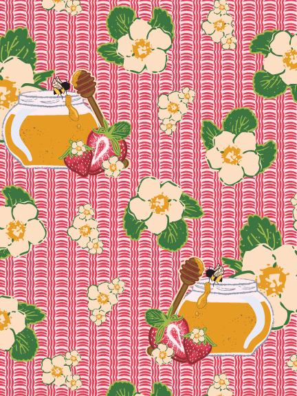 Summer's Pour - A summer-inspired surface pattern featuring honey jars, ripe strawberries, and floral elements.