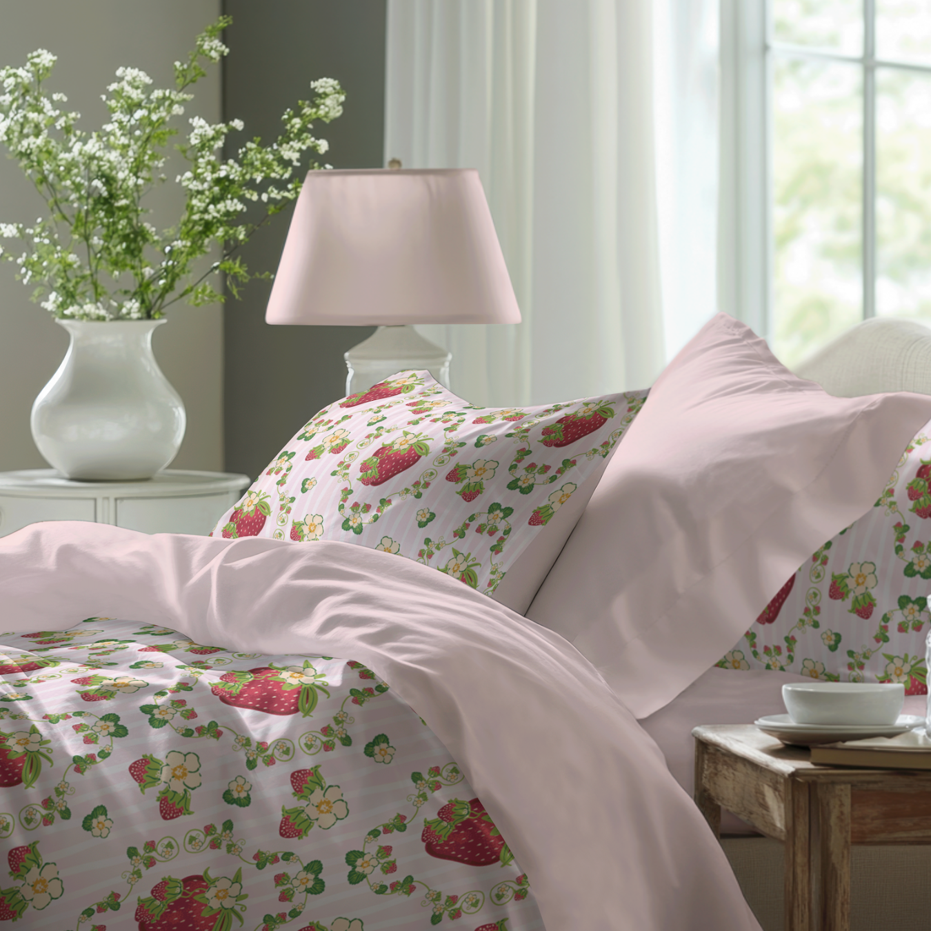 Striped strawberry surface pattern inspired by vintage wallpaper and classic kitchen textiles, shown as duvet cover and pillow shams..