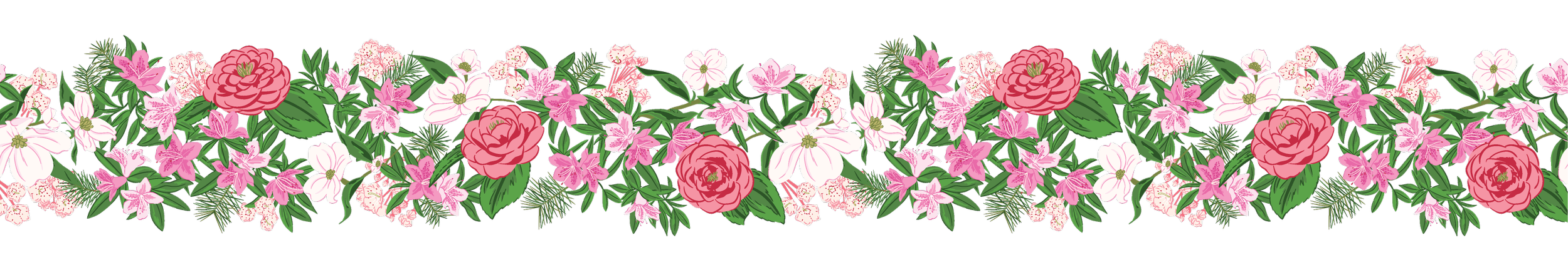 Engineered floral border featuring dogwood blossoms, azaleas, camellias, mountain laurel blooms, and pine branches arranged in a continuous garland design.